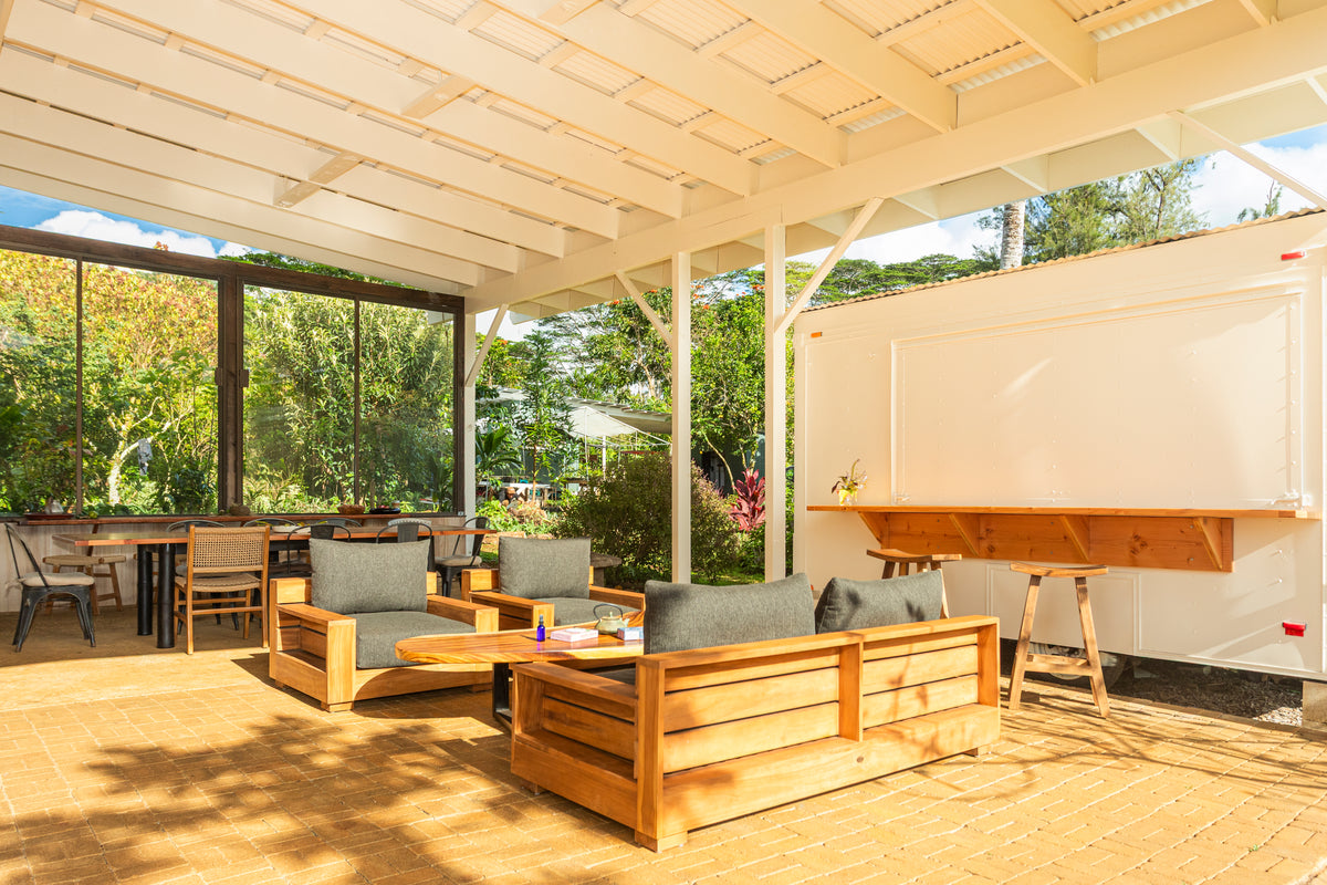 The Tea House open-air seating area with garden views