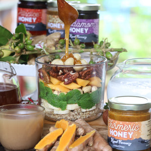 Ginger honey spiced medicinal breakfast bowl drizzle